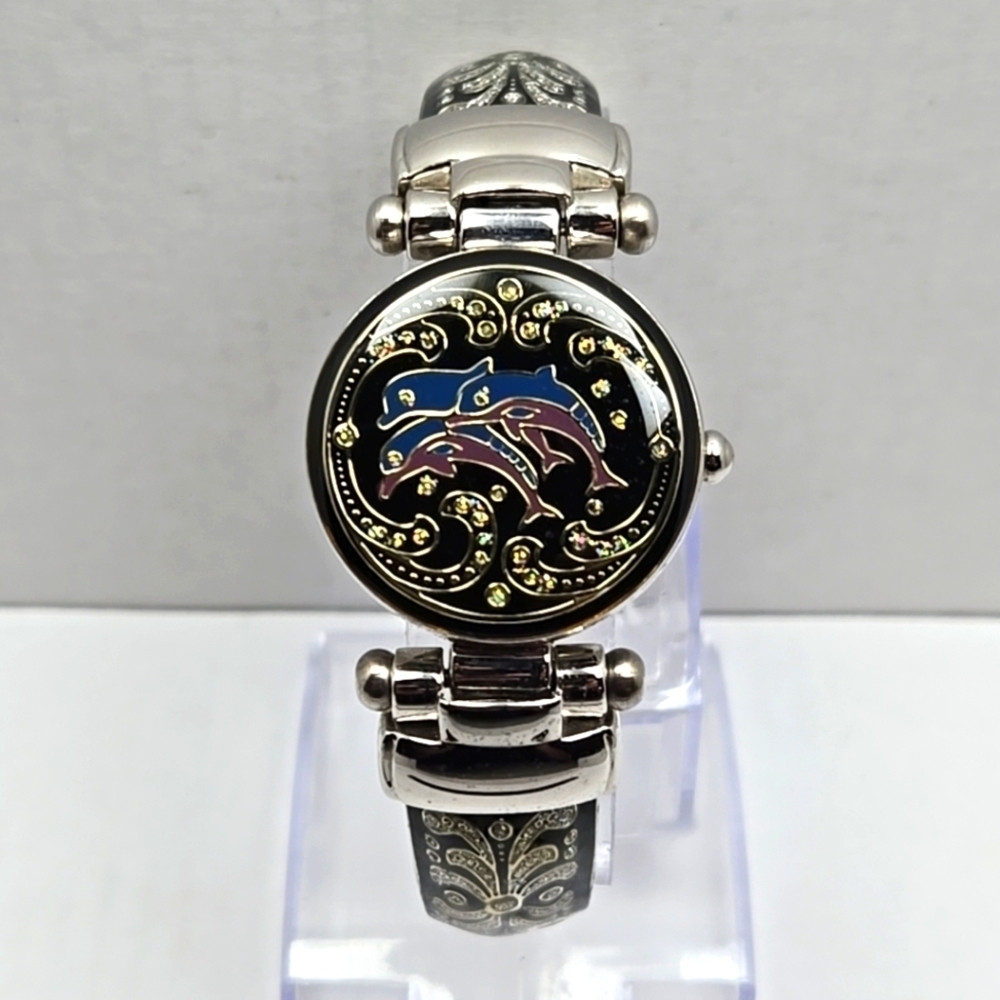 Womens Vivani Hidden Dial Watch 28mm Silver Dolphins Cuff Bangle New Battery
